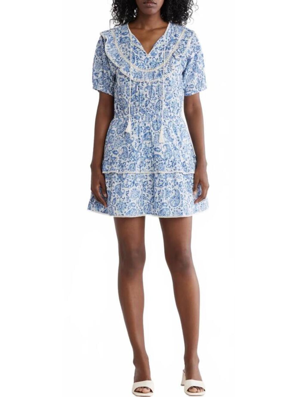 Maisie 100% Cotton Paisley Elastic Waist Mini Dress Blue NWT Small